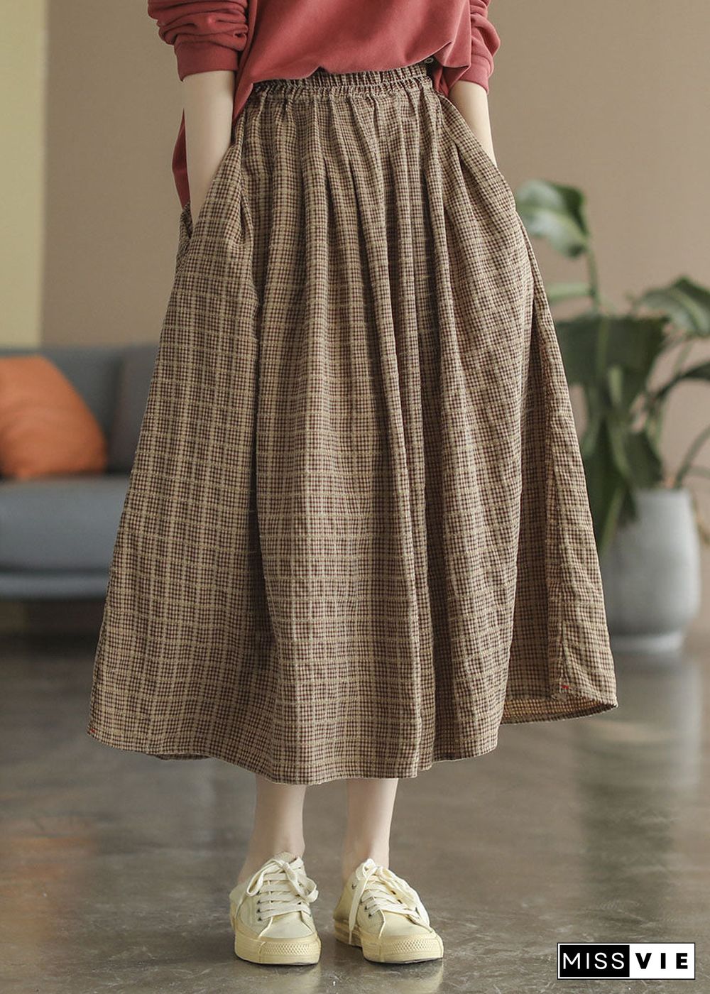 Boutique Khaki Pockets Plaid Cotton Skirts Spring