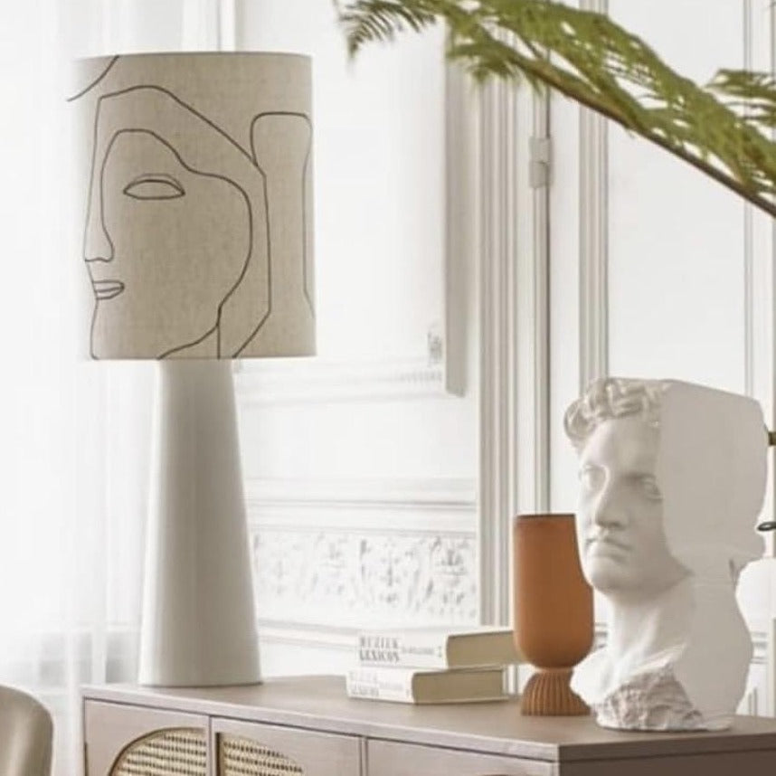 Printed faces table lamp - tall light grey cone base