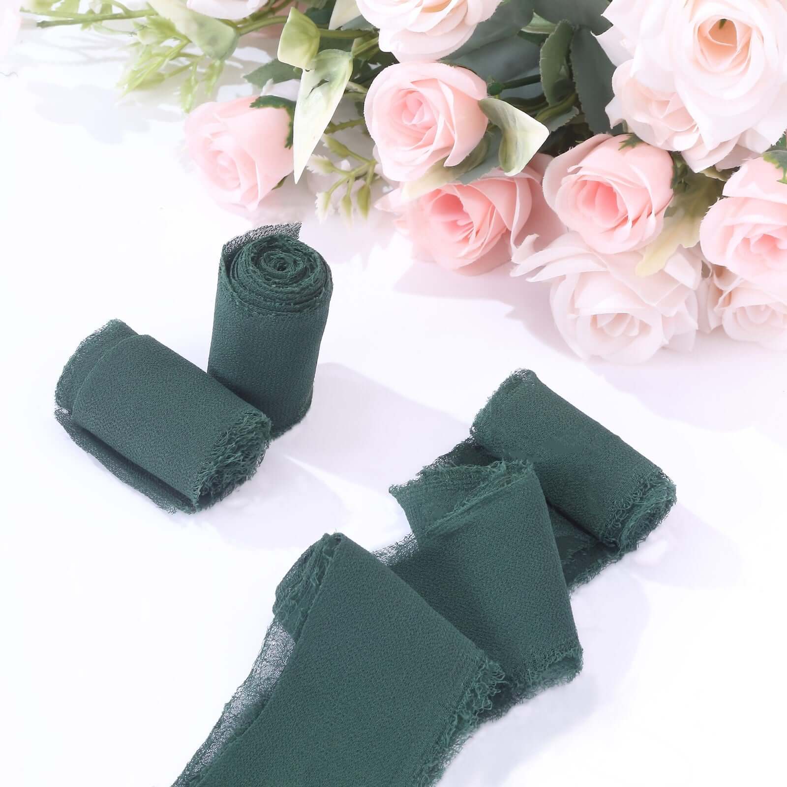 2 Pack Hunter Emerald Green Silk-Like Chiffon Linen Ribbon Roll For Bouquets, Wedding Invitations Gift Wrapping 6yd