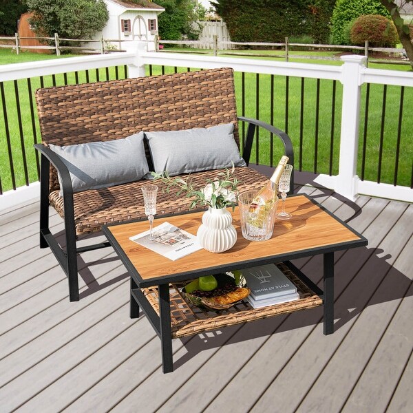 2 Pieces Patio Rattan Coffee Table Set with Shelf