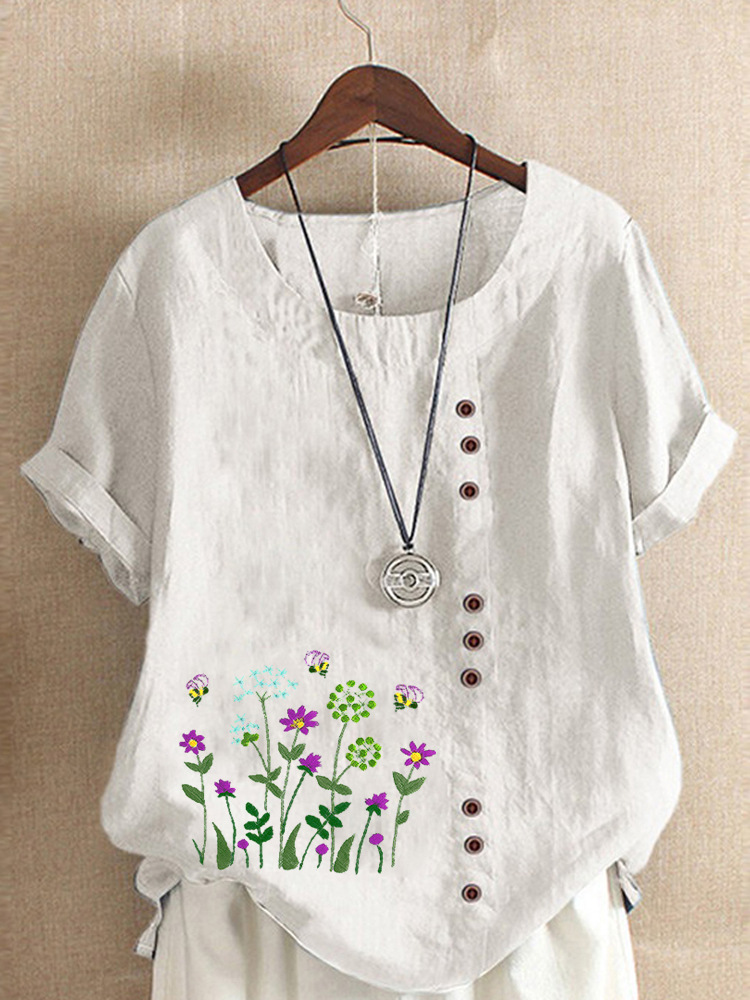 Round Neck Casual Loose Floral Print Short Sleeve Blouse