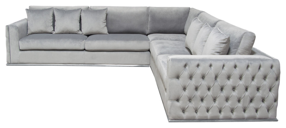 Envy 3 Piece Sectional  Platinum Gray Velvet With Detail and Silver Metal Trim   Contemporary   Sectional Sofas   by HedgeApple  Houzz