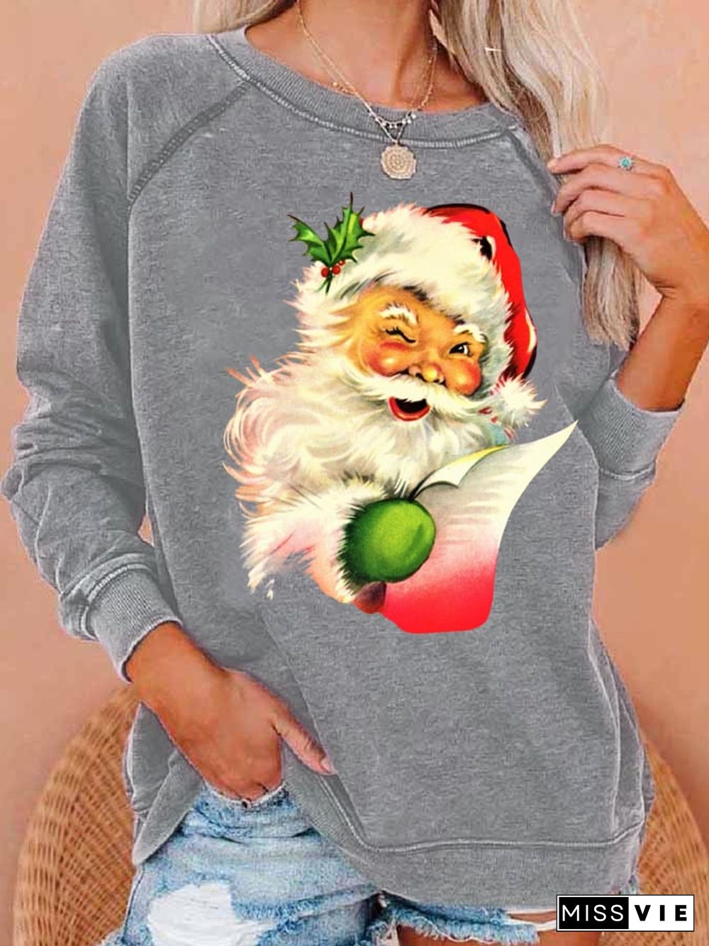 Women'S Santa Claus Print Crew Neck Sweatshirt