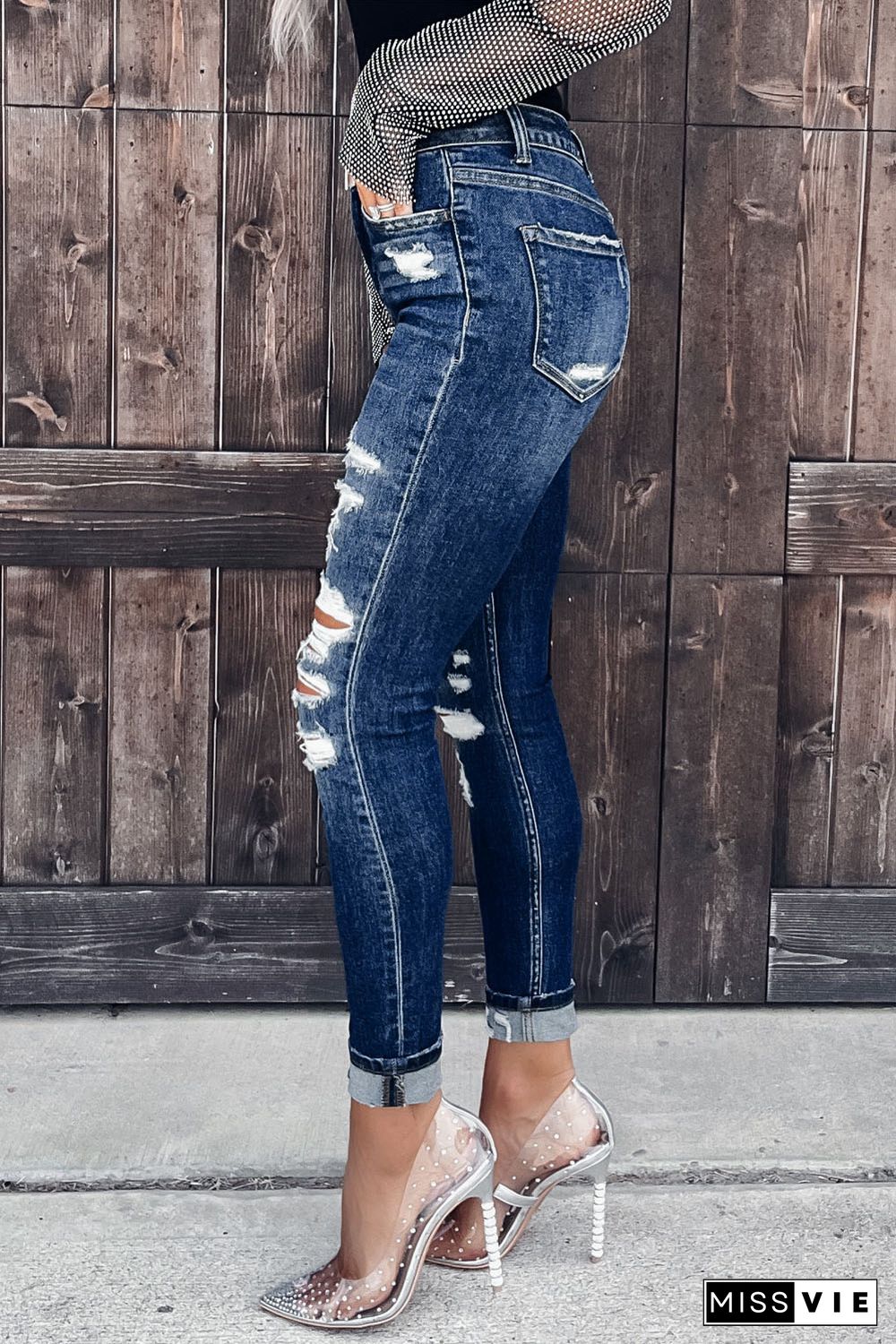 Blue Distressed Skinny Jeans with Slits