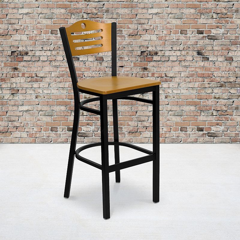 Emma and Oliver Slat Back Metal Dining Barstool， Natural Back and Seat