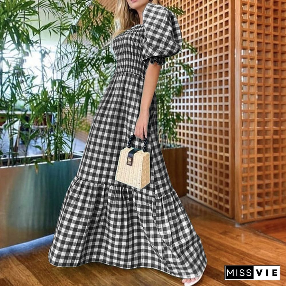 Plus Size Women Puff Square Neck Full-length Checked Plaid Dress Summer Holiday Maxi Dress Party Dress Vestidos