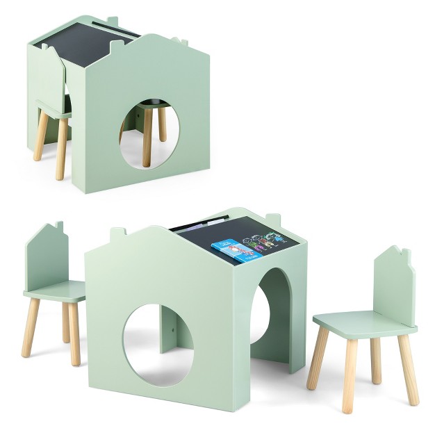 Onesstop 3 Piece Kids Wooden Table And Chair Set With Blackboard For Drawing Reading Green gray white