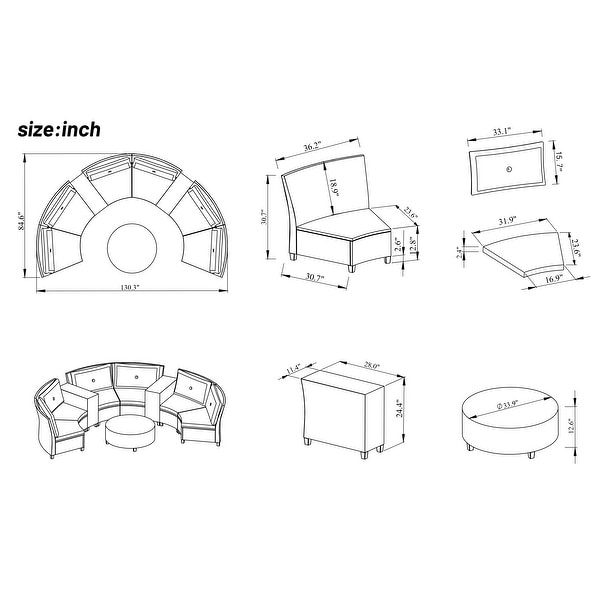 Patio Furniture Sets for 6，FanShaped All Weather Outdoor HDPE Rattan Sofa with Cushions and Table，Suitable for Garden，9Piece