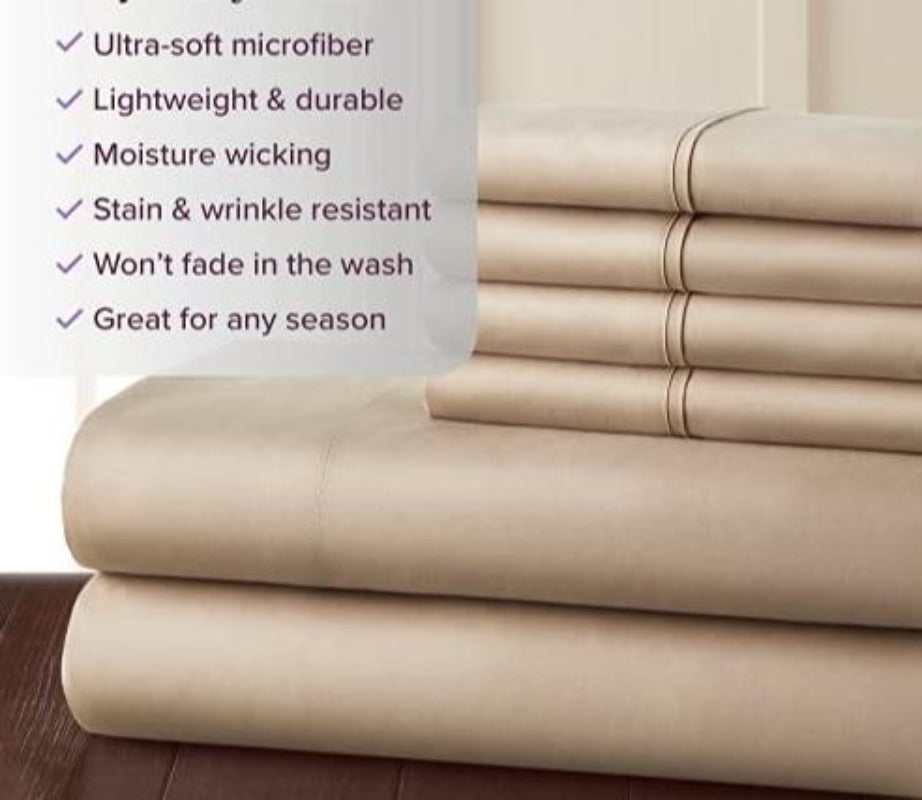 Bed Sheets Set - 1800 Series 6 Piece Bedding Sheet & Pillowcases Sets w/ Deep Pockets - Fade Resistant & Machine Washable - Taupe Color