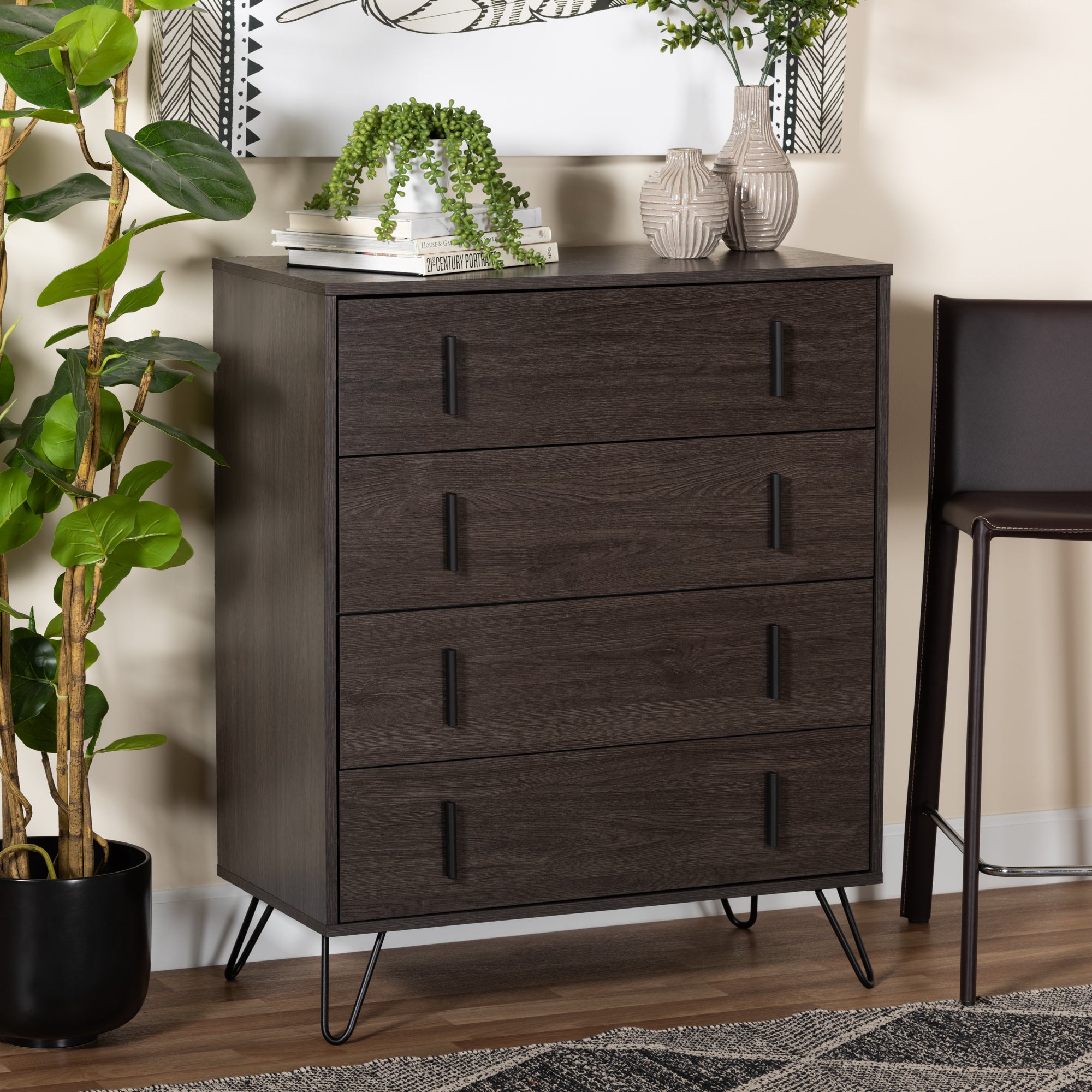 Baxton Studio Baldor Modern and Contemporary Dark Brown Finished Wood and Black Finished Metal 4-Drawer Bedroom Chest