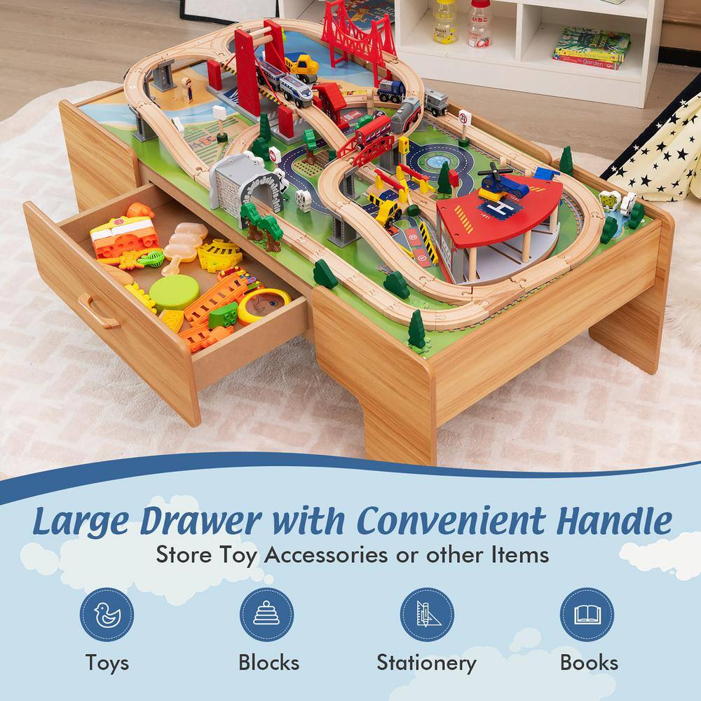 Costway Kids Wooden Train Set and Double-Sided Table Playset with 100-Pieces and Storage Drawer TM10008