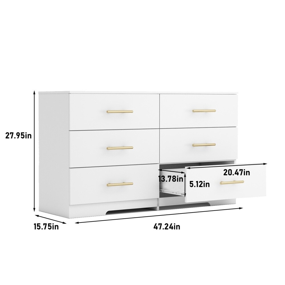 White Large 6 Drawers Chest of Dressers Table with Golden Handle