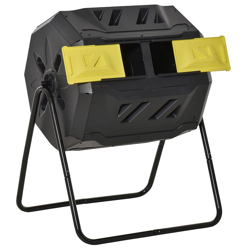 Outsunny Tumbling Compost Bin Outdoor 360 degree Dual Chamber Rotating Composter 43 Gallon Yellow