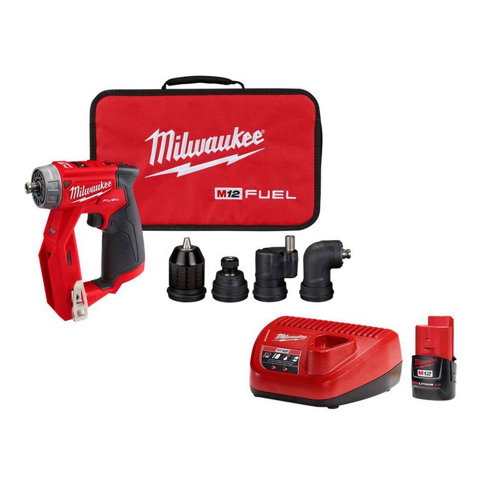 MW M12 FUEL 12V Lithium-Ion 4-in-1 Installation 38 in. Drill Driver wM12 Battery Pack 2.0Ah and Charger Starter Kit 2505-20-48-59-2420