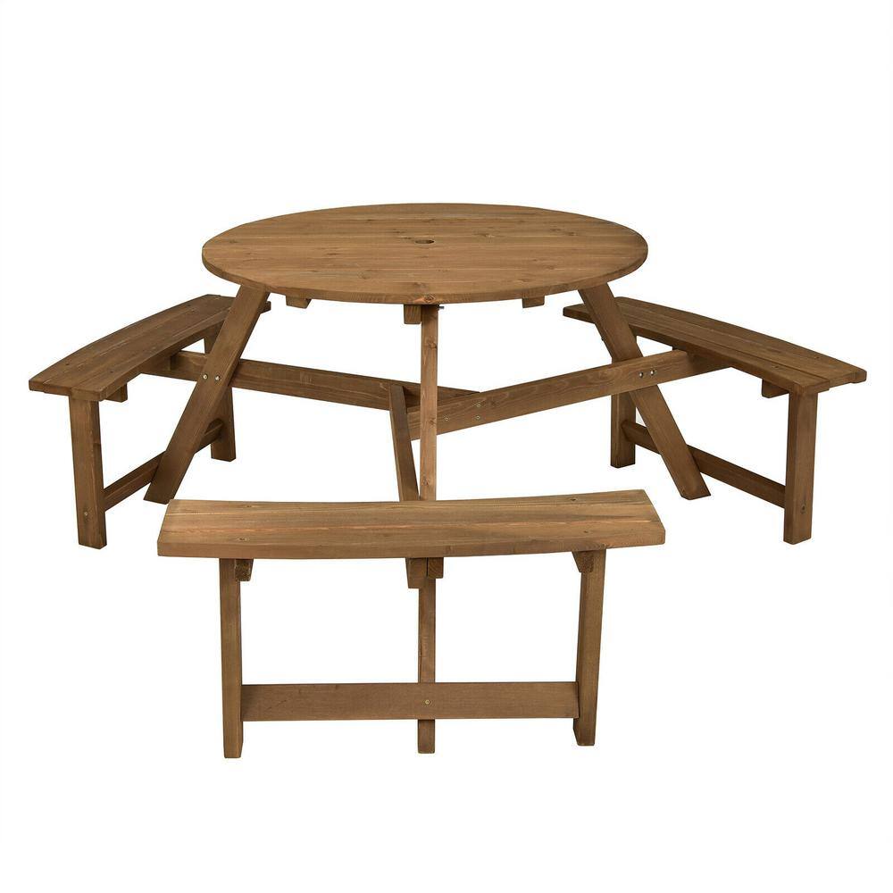 ANGELES HOME Round Wood Frame Outdoor Bench Set Picnic Table with Umbrella Hole M10-8NP434TN