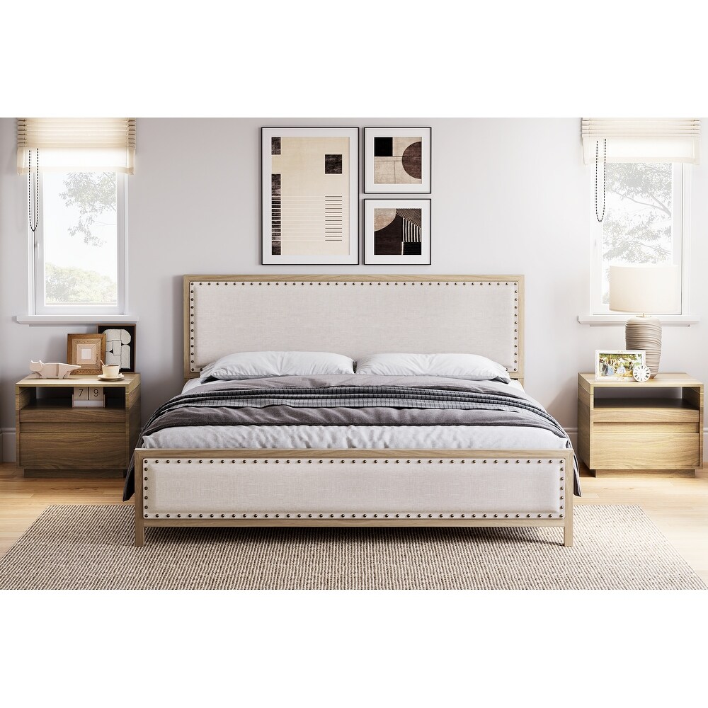 Upholstered Platform Bed with Linen Headboard and Footboard