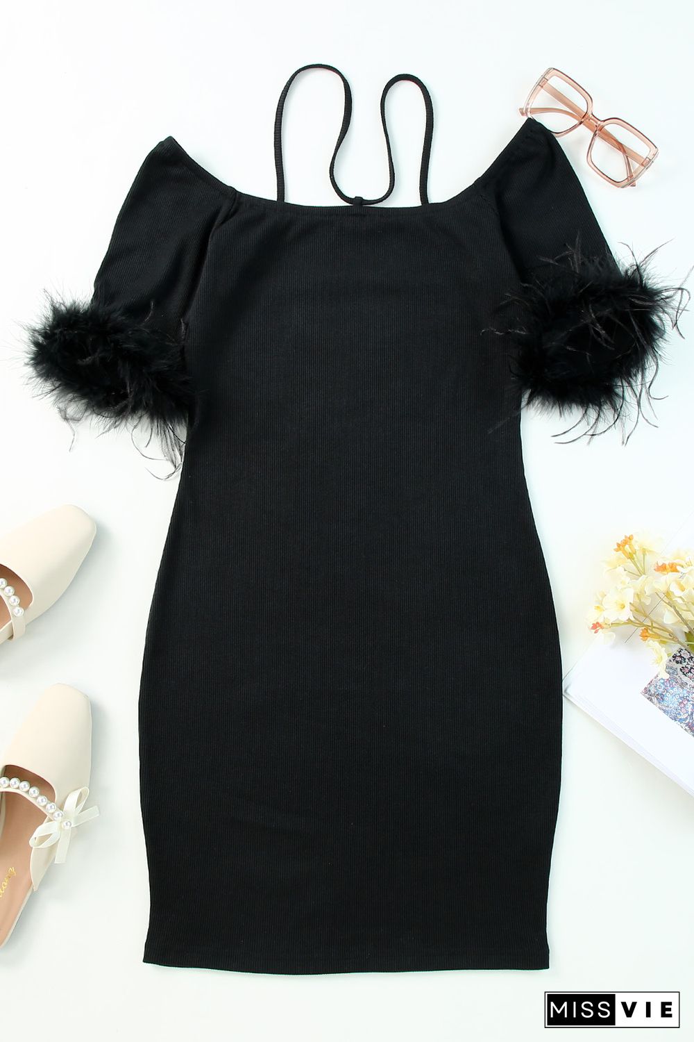 Black Ribbed Off Shoulder Feather Cuff Bodycon Dress