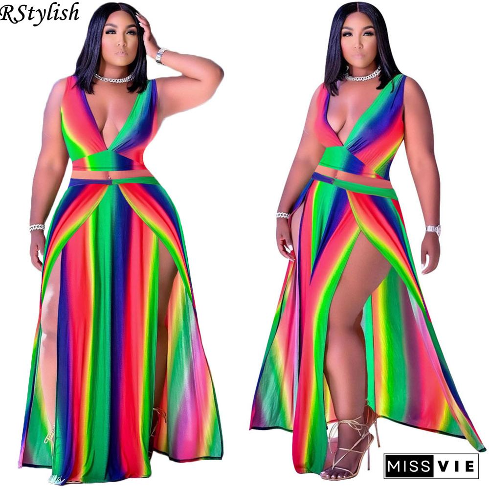 Rainbow Stripe Print Sleeveless Vest Top Split Skirt 2 Piece Set