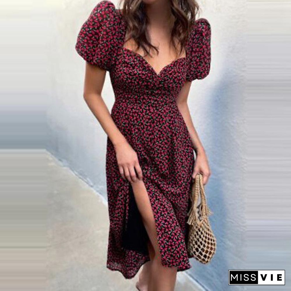 Sexy Floral Print Puff Sleeve Split Dress