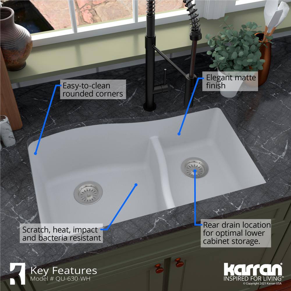 Karran Undermount Quartz Composite 32 in. 6040 Double Bowl Kitchen Sink in White QU-630-WH