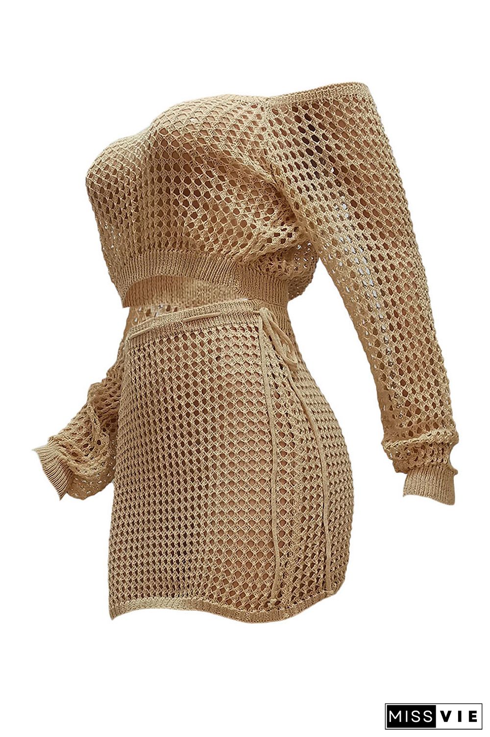 Hollow Out Long Sleeve Knit Cover Ups Mini Skirt Matching Set