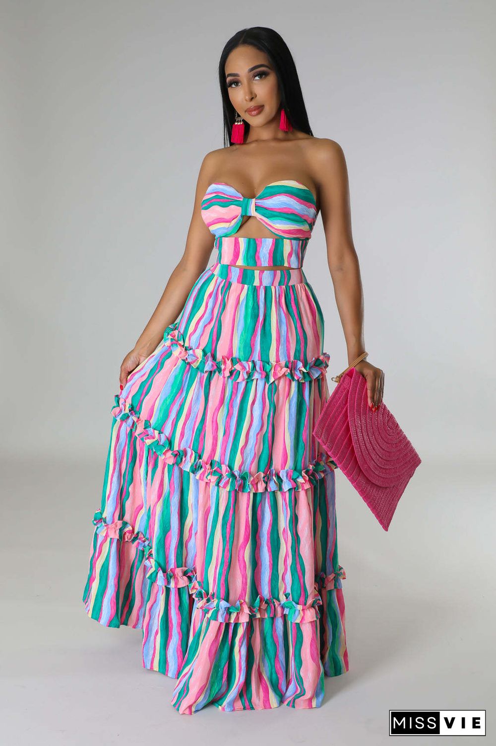 Stripe Print Strapless Bra Maxi Skirts Two Piece Set