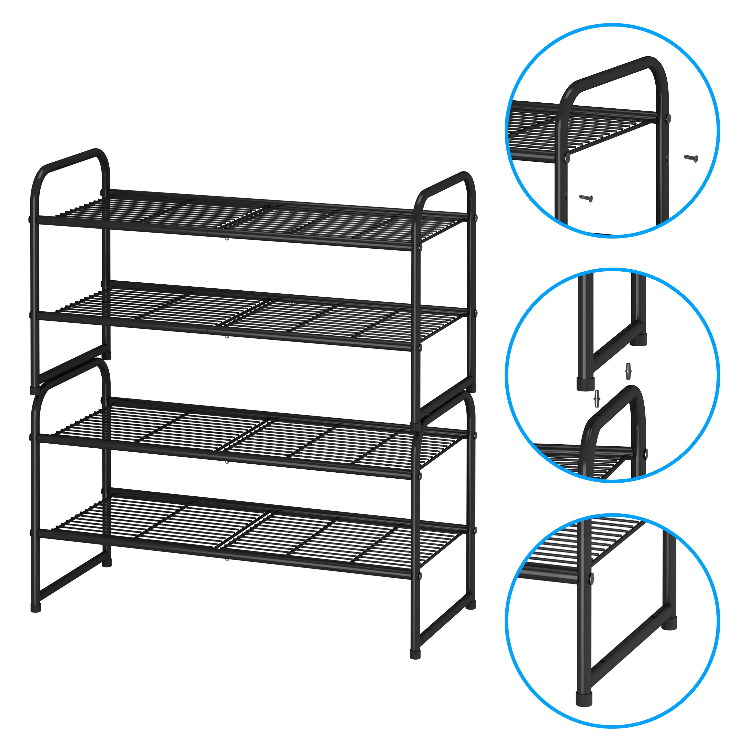 Simple Trending 2-Tier Stackable Shoe Rack， Metal Shoe Shelf Storage Organizer， Black