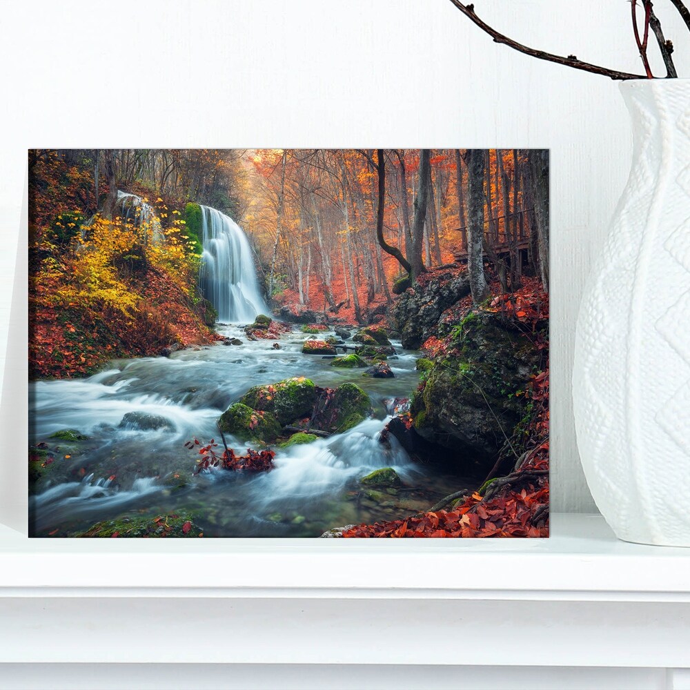 Autumn Mountain Waterfall Long View Landscape Photo Canvas Print   Orange