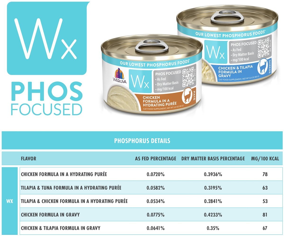 Weruva Wx Phos Focused Chicken Formula Grain-Free Puree Wet Cat Food， 3-oz can， case of 12