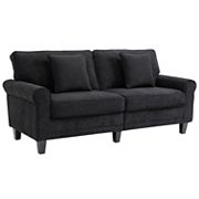 HOMCOM Modern 3 Seater Sofa 78 Thick Padded Comfy Couch with 2 Pillows Corduroy Fabric Upholstery Pine Wood Legs and Rounded Arms for Living Room Black