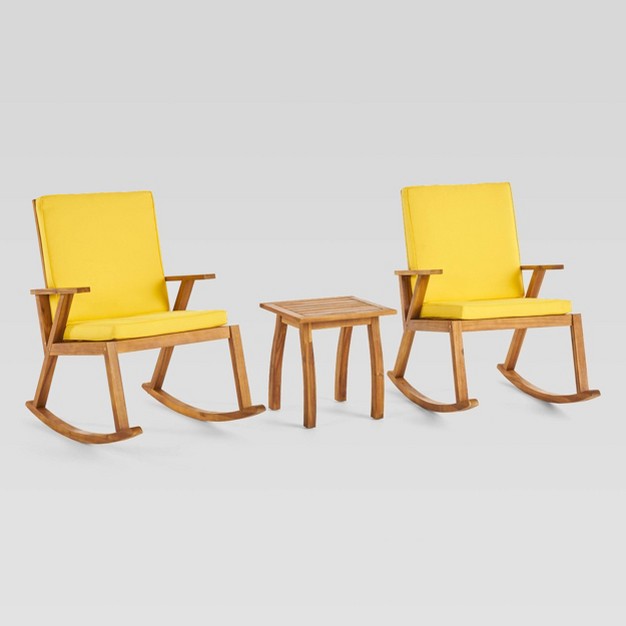 Champlain 3pc Acacia Wood Rocking Chairs Set Teak yellow Christopher Knight Home