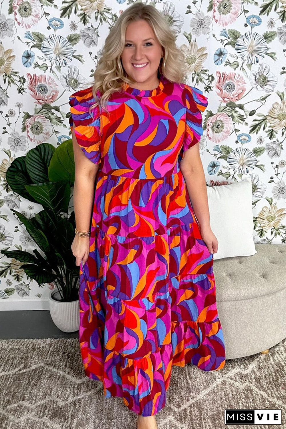 Multicolour Plus Abstract Print Ruffled Mock Neck Tiered Maxi Dress