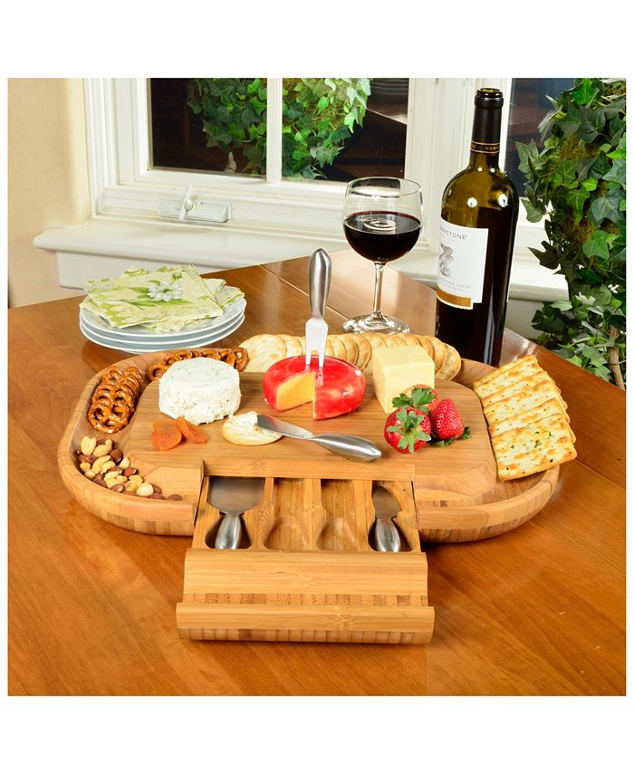 Picnic At Ascot Malvern Deluxe Bamboo Cheese Board with Cracker Rim and 4 Tools