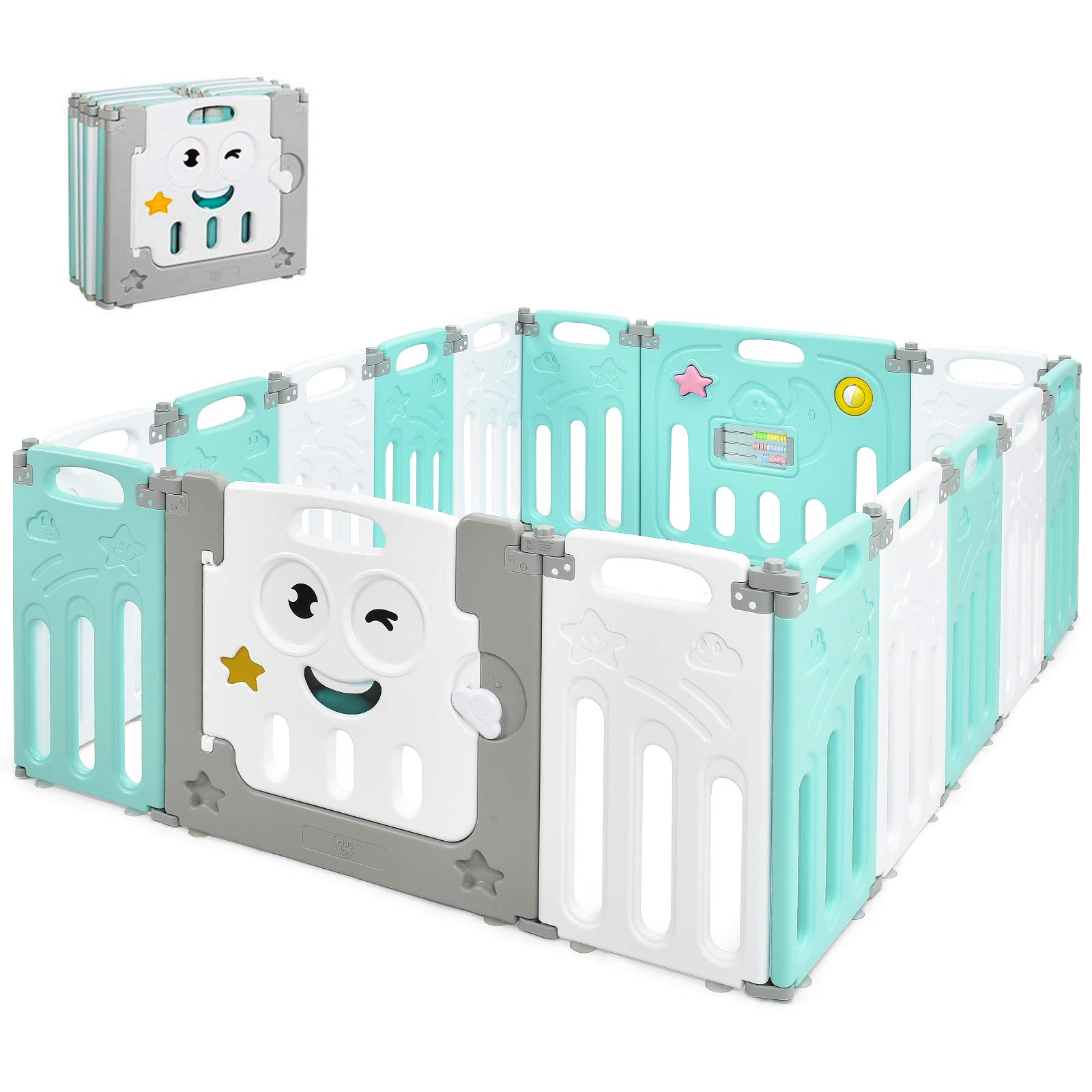 Costzon Foldable Baby Playpen, 14/16-Panel Baby Play Yards with Lock Door & Anti-Slip Rubber Bases