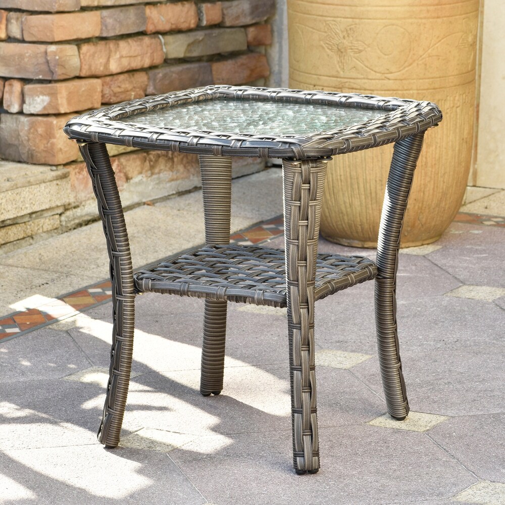 OVIOS Patio Outdoor Wicker Side Table with Glass Top