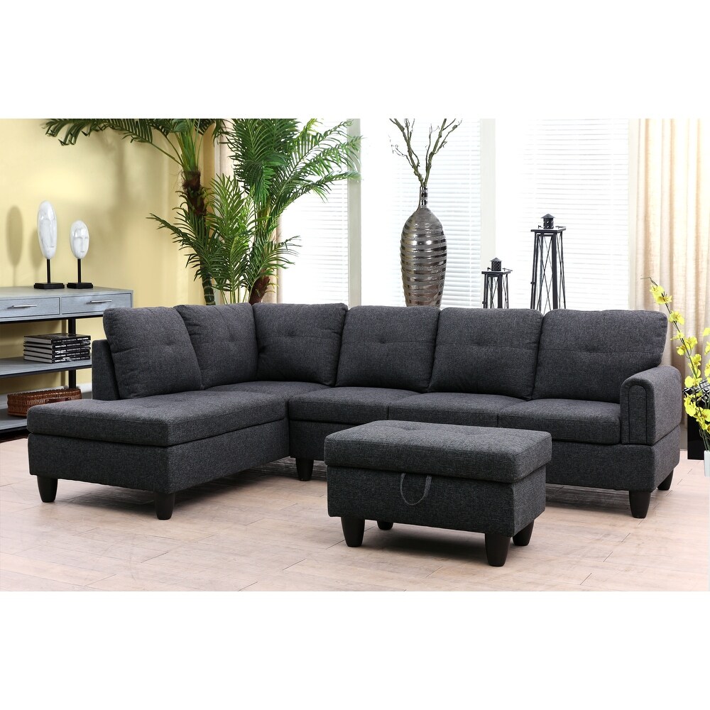 Coolink 3 Pieces Sectional Sofa Set Black Grey Linen(09706)