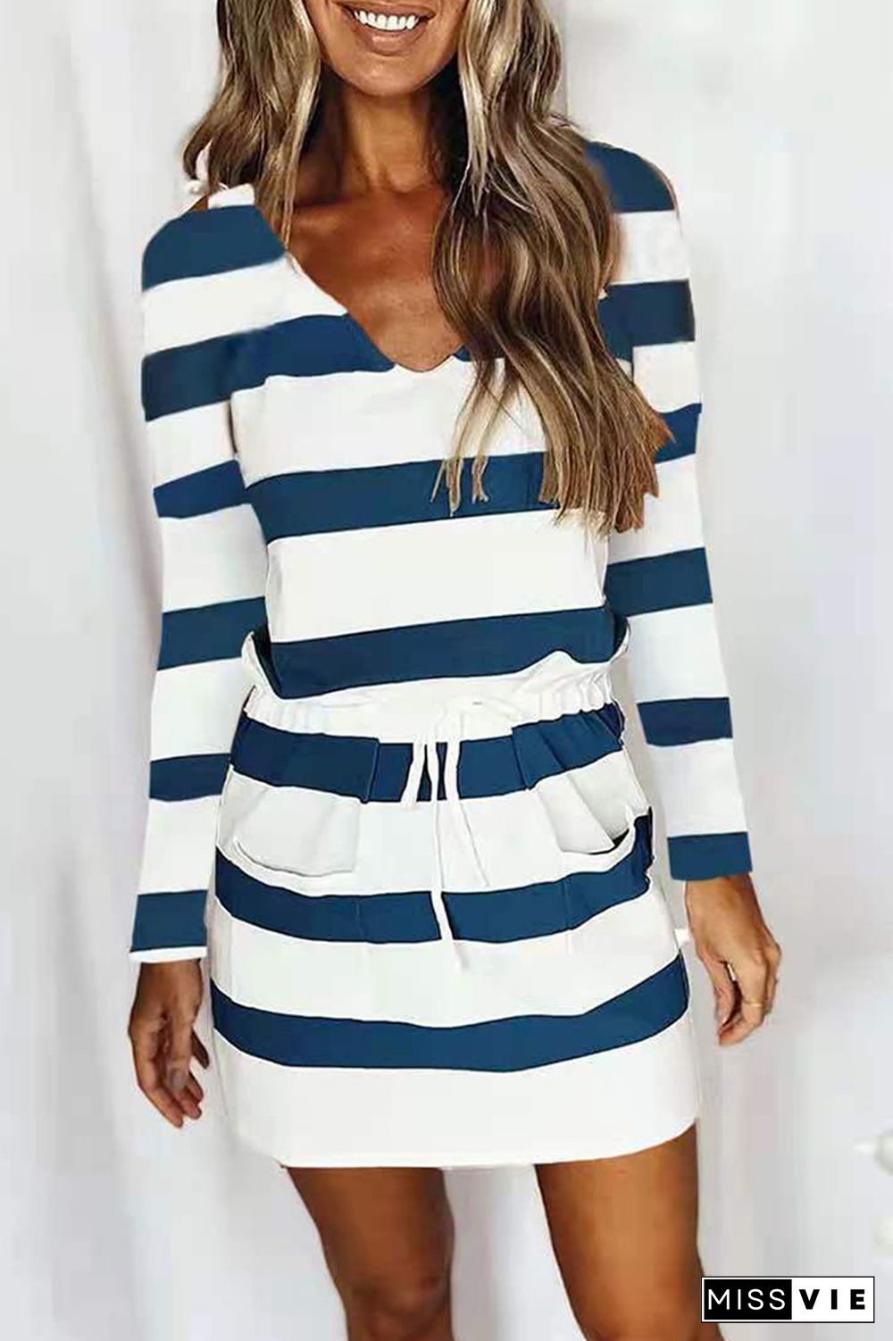 Colorful Stripe Drawstring V-neck Long Sleeve Dress Women Wholesale