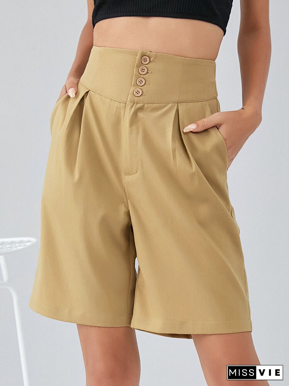 Plain Button Front High Waist Bermuda Shorts with Pocket