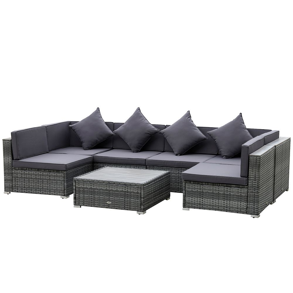 Outsunny 7-Piece Patio Furniture Sets PE Rattan Sectional Sofa Set Outdoor Conversation Set w/ Acacia Top Coffee Table and Cushion for Garden， Backyard， Grey