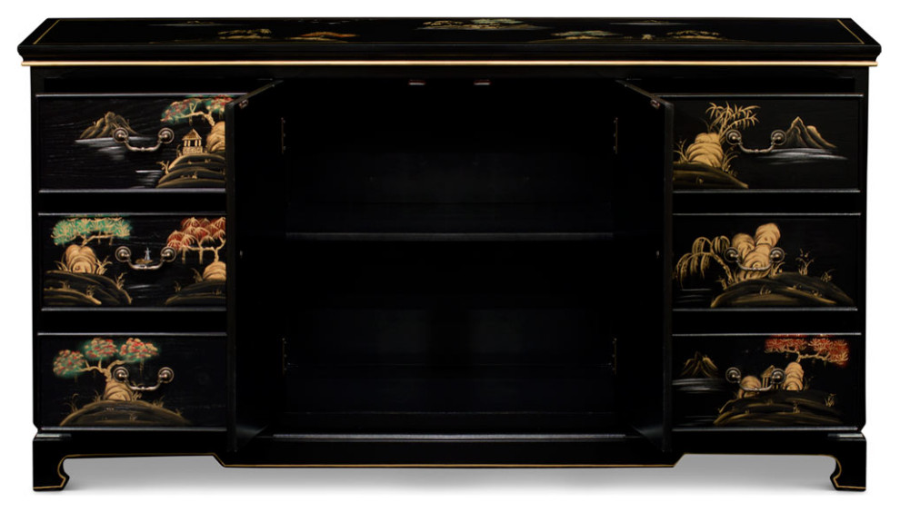 Hand Painted Black Chinoiserie Scenery Motif Oriental Sideboard   Asian   Accent Chests And Cabinets   by China Furniture and Arts  Houzz