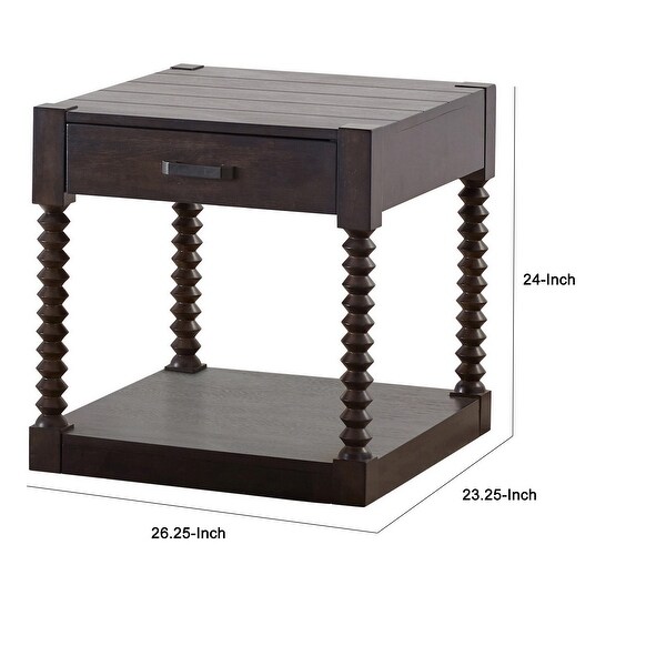 26 Inch Square Side End Table， 1 Drawer， Spindle Posts， Rich Coffee Brown