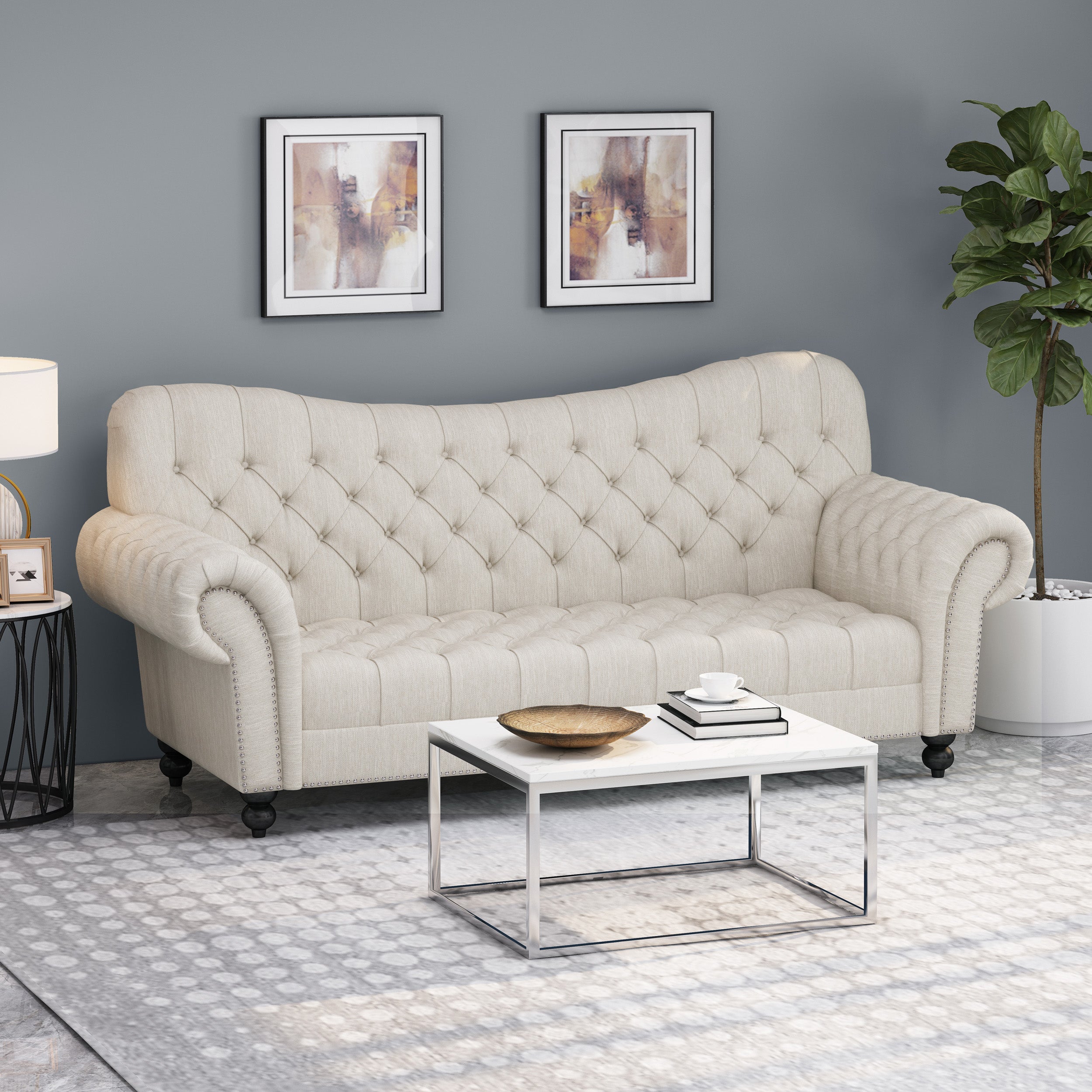 Emeric Chesterfield Button Tufted Fabric 3 Seater Sofa