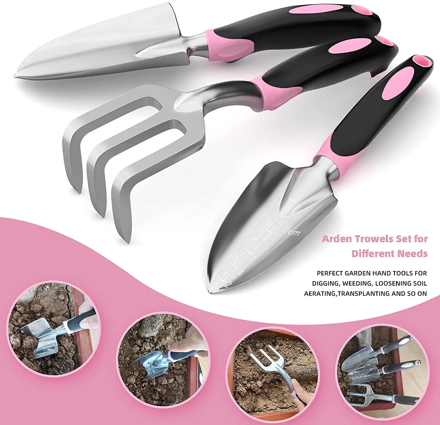 3 Piece Gardening Tools Transplanter Trowel Hand Rake with Non Slip Rubber Grip Heavy Duty Gardening Tool Set