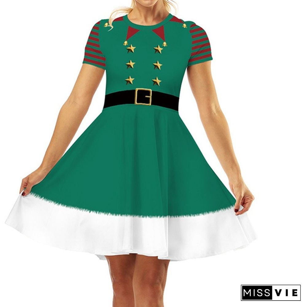 Fashion Christmas Elf Digital Print Women's Short Sleeve Slim Dress