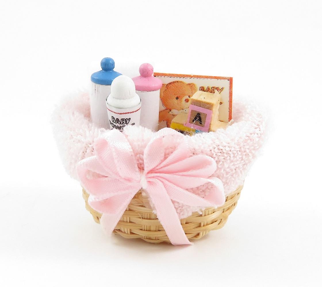 Dolls House Baby Products In Wicker Basket Pink Miniature 1:12 Nursery Accessory