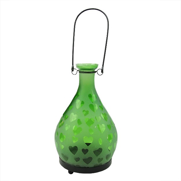 Frosted Green Hearts Glass Bottle Tea Light Candle Lantern Decoration