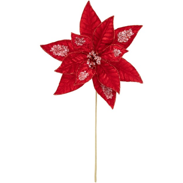 Icy Red Velvet Poinsettia Glittered Christmas Stem Spray