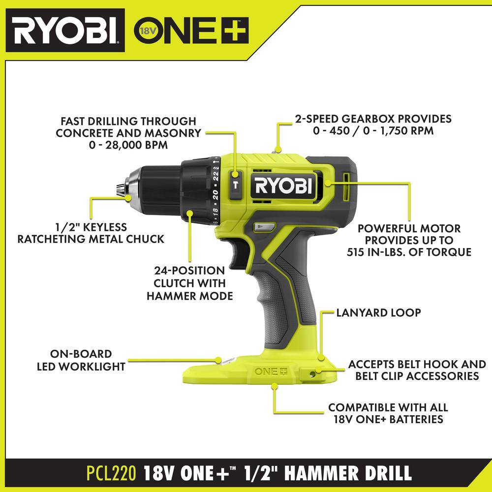 RYOBI ONE+ 18V Cordless 12 in. Hammer Drill (Tool Only) PCL220B