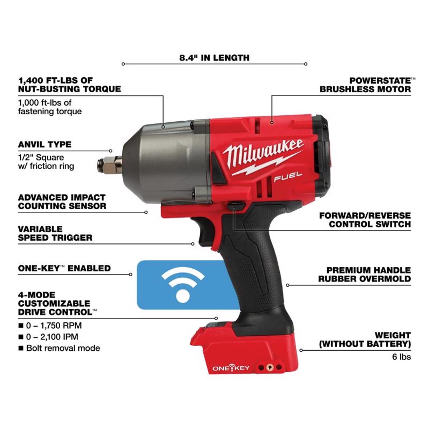 MW M18 FUEL One Key 18 V 1/2 in. Cordless Brushless High Torque Impact Wrench Tool Only