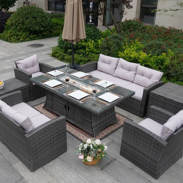 Moda 7piece Patio Outdoor Wicker Sofa Set with Fire Pit Table